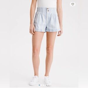 American Eagle Size 16 Blue White Striped Mom Short Paperbag Waist Pull On Loose